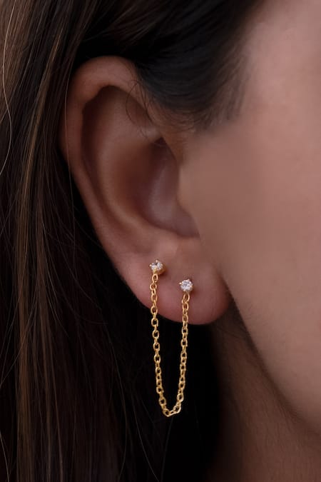 Buy Gold Filled Double Piercing Earring Gold Double Stud Earrings Connected  Earrings Two Hole Earrings Simple Earring Minimalist Studs Online in India  - Etsy