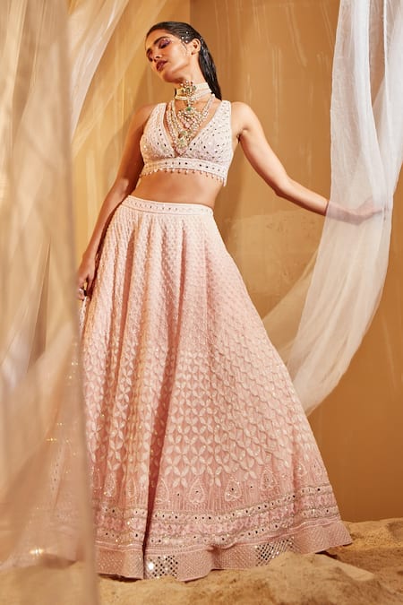 House of Exotique Pink Net Mirrors V-neck Embroidered Lehenga Set 