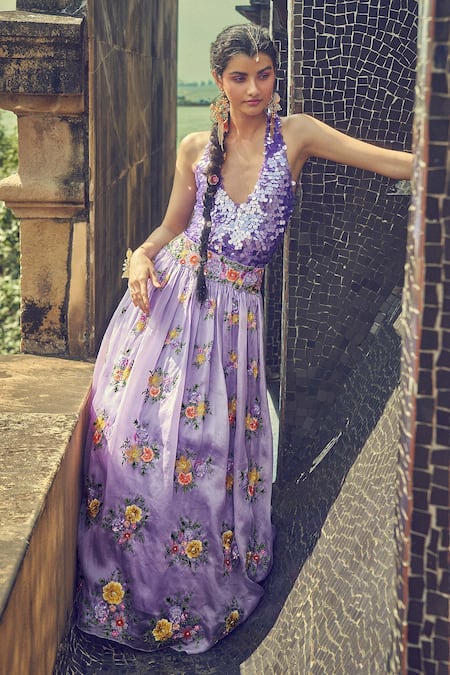 Surily G Purple Net Hand Embroidered Sequin Work Halter Neck Bodysuit  