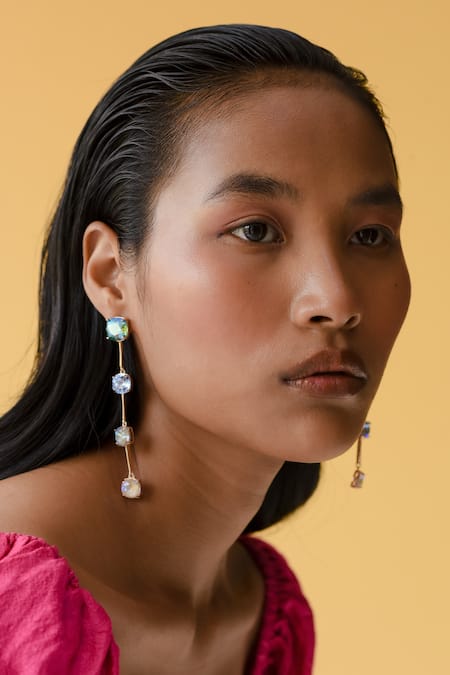 Shop Esme By Aashna Dalmia Blue Embellished Swarovski Long Earrings at Aza Fashions Shop_Esme By Aashna Dalmia_Blue Embellished Swarovski Long Earrings _at_Aza_Fashions