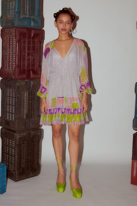 Nirmooha Geometric Print Tassel Tie-Up Dress 