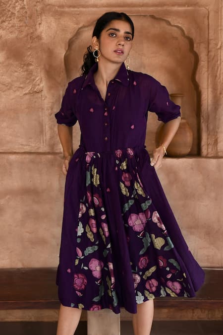 Taro Mulberry Flower Print Shirt Dress 