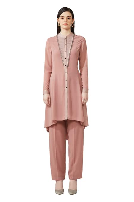 Rohit Gandhi + Rahul Khanna Purple Silk, Georgette Crystals, Cut Straight Yoke Embellished Kurta And Pant Set