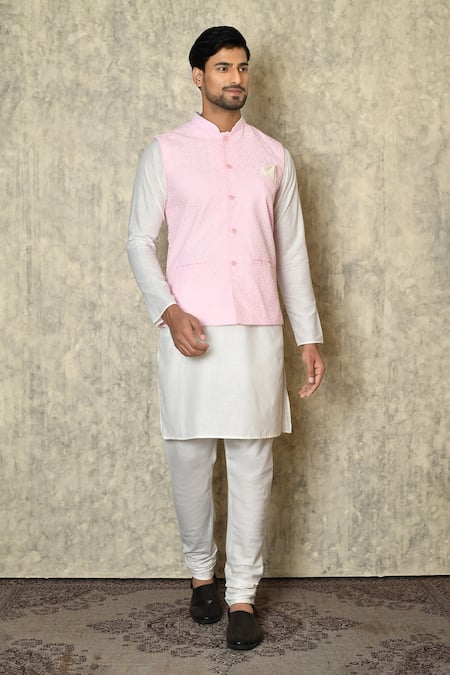 Aryavir Malhotra Chikankari Geometric Work Bundi & Plain Kurta Set 