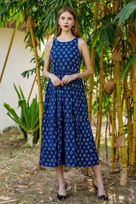 Womens Wargi Blue Cotton Midi Dress – shoprah