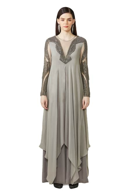 Rohit Gandhi + Rahul Khanna Yoke & Sleeve Embellished Flared Gown 