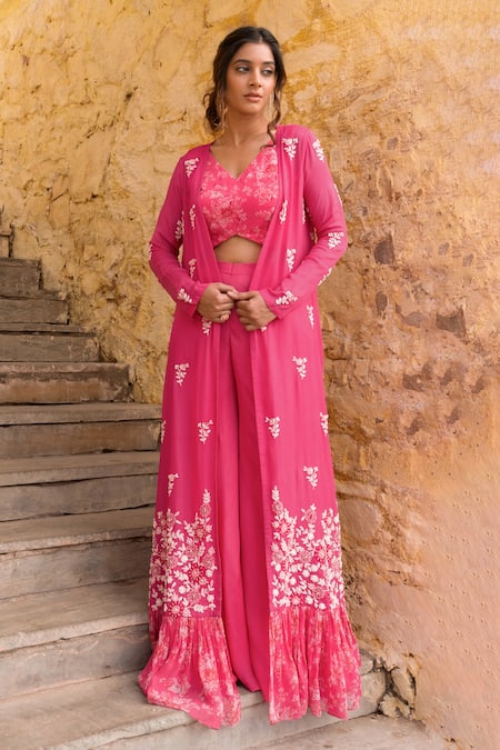 Suruchi Parakh Flower Embroidered Jacket & Flared Pant Set 