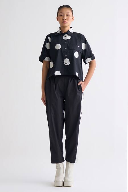 Three Black Cotton Poplin Spread Collar Cropped Shirt And Pant Set