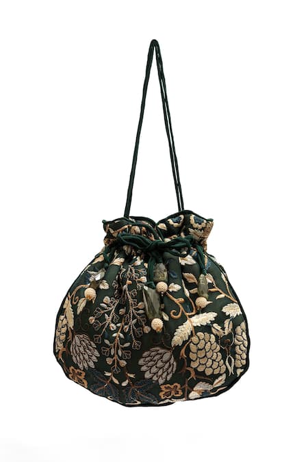 Rabani & Rakha Green Embroidery, Tassels Parsi Gara Potli Bag