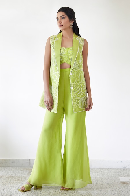 Mishru Green Organza Embroidered Sea Coral Blazer Peak Laia And Pant Set 