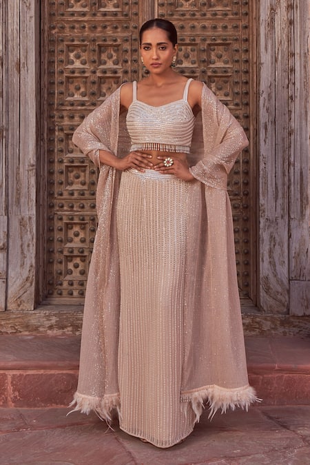 Nidhika Shekhar Beige Silk Embroidery Sequins Cape Open Feather Lehenga Set