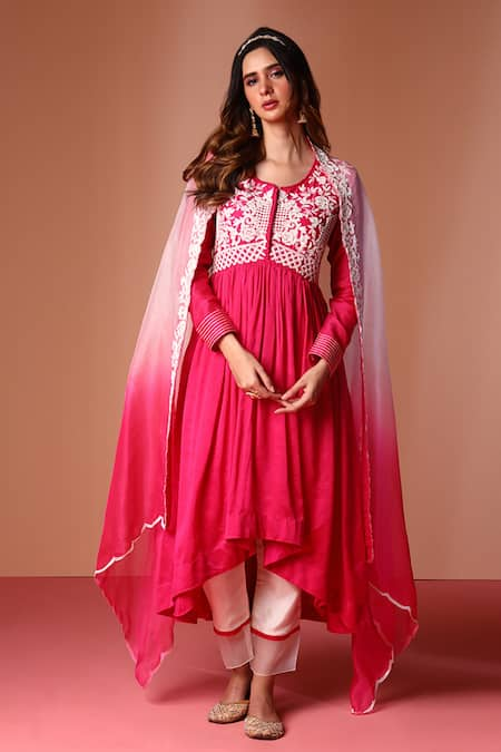 Soha by Harleen and Sona Magenta Anarkali Chanderi Silk Embroidered Floral Yoke Pant Set  