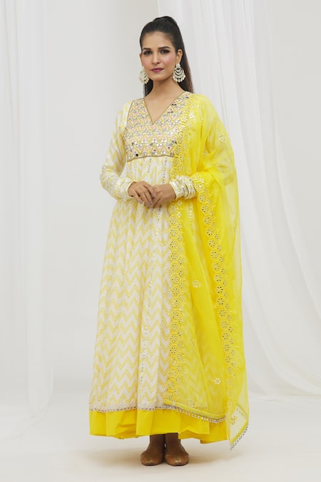 Yuvraani Jaipur_Yellow Silk, Satin, Organza Mirrors, Gota Chevron Print Anarkali With Dupatta _Online_at_Aza_Fashions