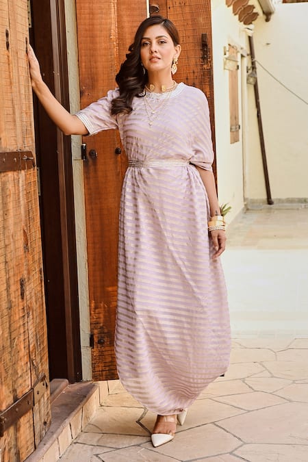 Palak & Mehak Purple Gerogette Lurex Embroidery Gota Round Ziva Stripe Pattern Dress With Belt 