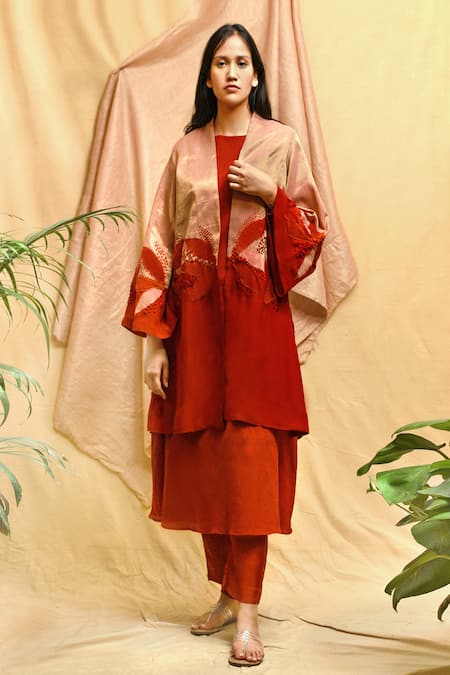 Chambray & CO. Red Tissue, Chanderi, Silk Embroidery, Applique Round Neck Jacket Set
