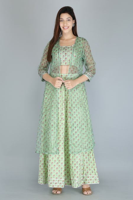 Kalakaari By Sagarika Green Cotton Embroidery Shrug And Printed Skirt Set For Kids