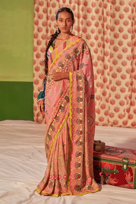 Siddhartha Bansal Floral Print & Embroidered Saree With Blouse 