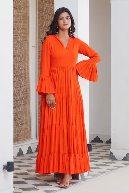 Buy ENTELLUS | Orange Color, V- Neck Midi,Flare Strappy Sleeve Dress for  Women (X-Small) at Amazon.in