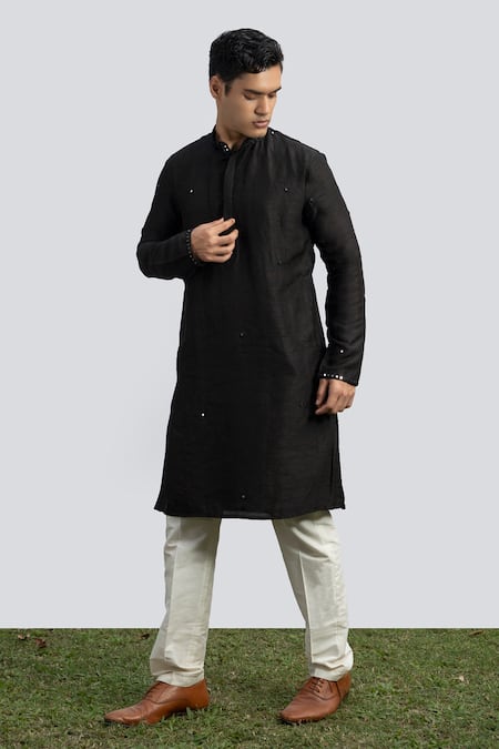 Kaka Calcutta Black Cotton, Silk Mirrors Embroidered Collar Kurta Set 