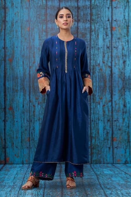 Label Niti Bothra Blue Silk Round Kurta And Applique Hem Palazzo Set 