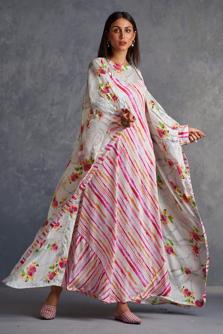 Affroz White Viscose, Crepe Embroidery V-neck Striped Dress With Cape at Aza Fashions Affroz_White Viscose, Crepe Embroidery V-neck Striped Dress With Cape _at_Aza_Fashions