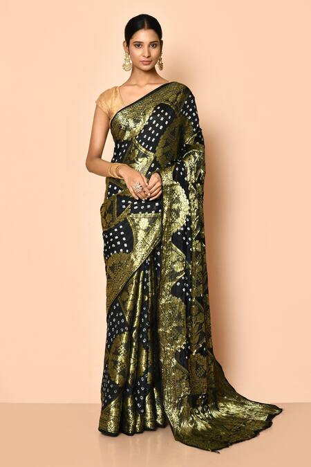 Buy Black Gold Linen Jamdani Ikkat Saree - Sanjh Bati – Resham Suti