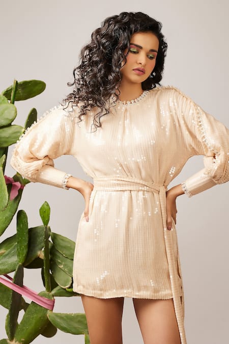 Sonam Parmar Jhawar Beige Chiffon Embroidered Water Sequins Round Hazel Short Dress  