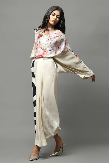 AK-OK Floral Print Top & Draped Skirt Set 