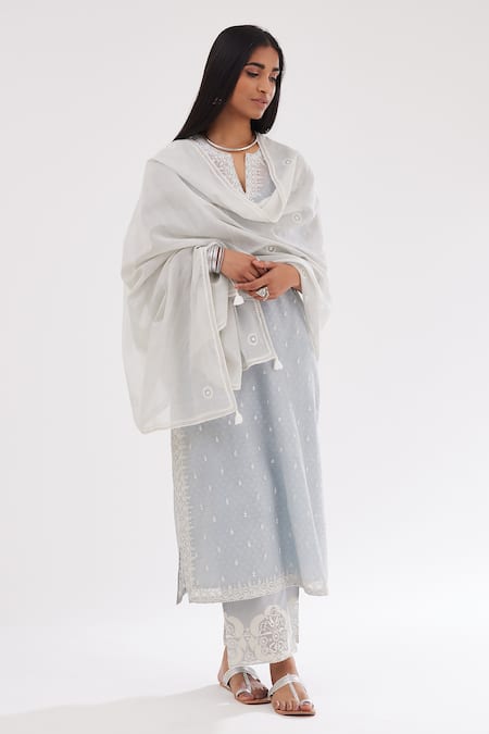 Kora Blue Cotton, Chanderi Sequins, Embroidery Round Neck Printed Straight Kurta Set