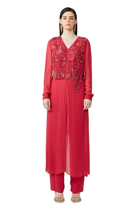 Rohit Gandhi + Rahul Khanna Pink Silk, Georgette Embroidery V-neck Dori Embellished Kurta And Pant Set 