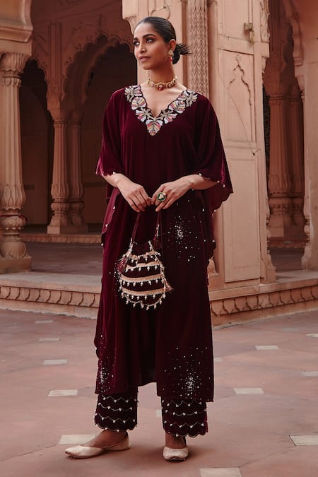 Ajiesh Oberoi Velvet Scattered Work Kaftan & Pant Set 