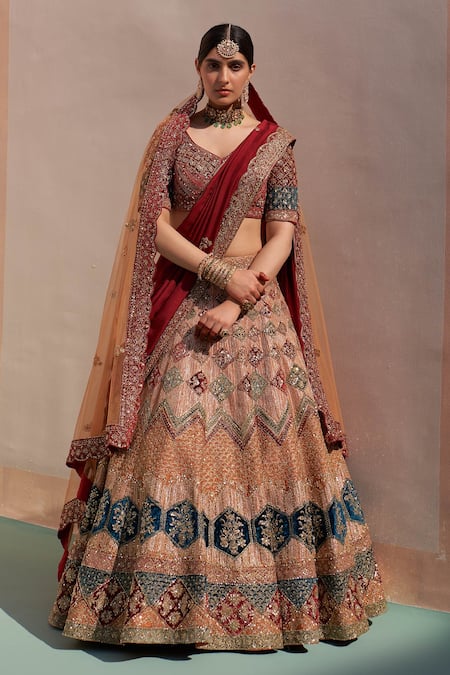 Angad Singh Beige Raw Silk Embroidery Zardozi Leaf Neck Bridal Lehenga Set 