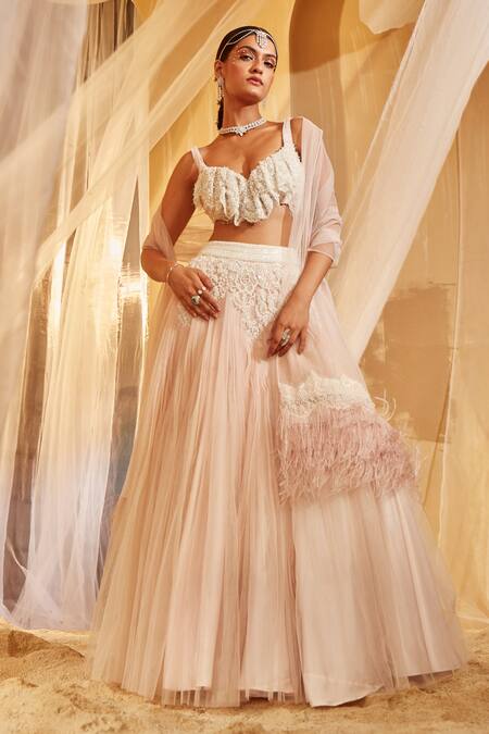 House of Exotique Pink Net Embroidery Sweetheart Neck Lehenga Set 