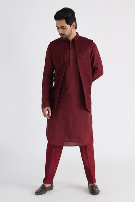 Men's Silk Blend Maroon Kurta & Beige Nehrujacket Off White Churidar Pyjama  Set