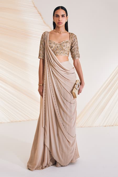 Divya Aggarwal Beige Silk Chiffon Hand Taylen Pre-draped Saree With Blouse 