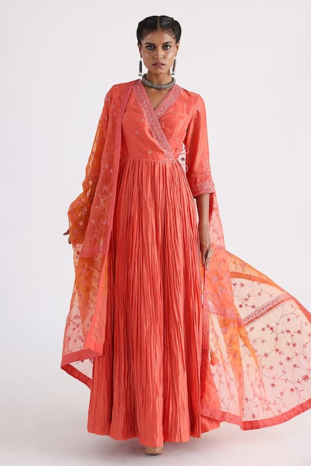 Smriti by Anju Agarwal Orange Angrakha- Chanderi And Mulmul Dupatta- Organza Aayat Pleated With