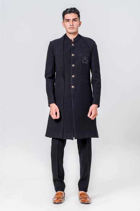 Buy_Amrit Dawani_Black Polyester Patch Pocket Embroidered Sherwani With Trouser _Online_at_Aza_Fashions