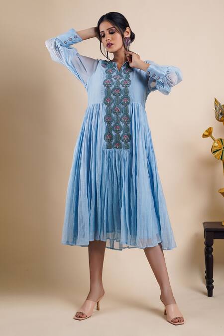 Bhusattva Blue Organic Cotton Silk Embroidery Sequin Notched Placket Dress  