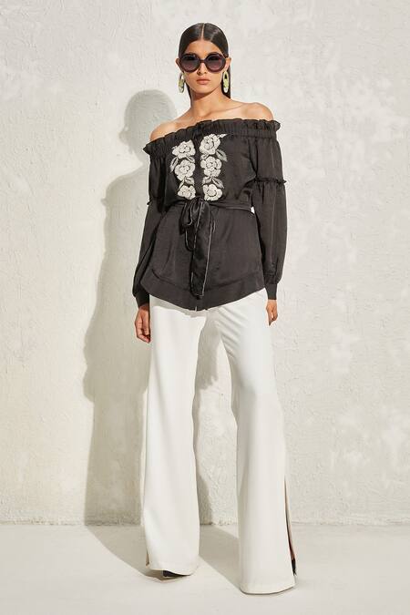 Buy Namrata Joshipura Black Georgette Hand Embellished Floral Pearl Off Shoulder Top at Aza Fashions Buy_Namrata Joshipura_Black Georgette Hand Embellished Floral Pearl Off Shoulder Top _at_Aza_Fashions