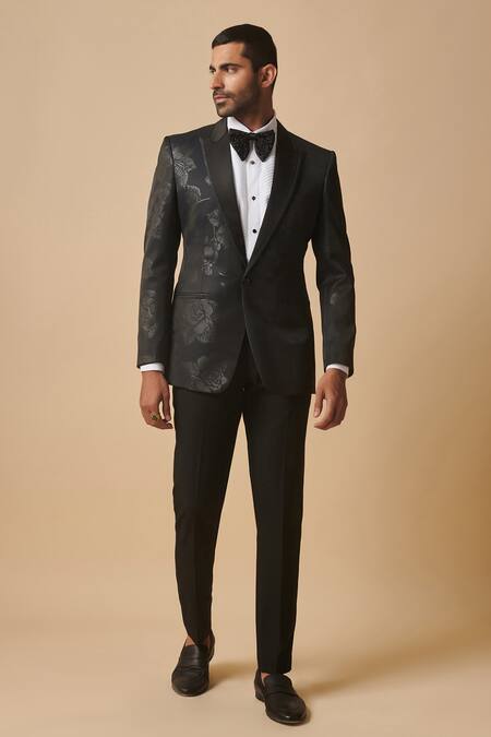 Philocaly Blue Wool Silk Blend Floral Brocade Baccara Tuxedo 