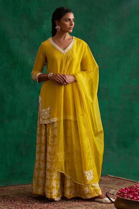 Rekha Agra Green Crepe, Dupatta Organza Floral Pattern, Kurta Hand Block Print Sharara Set