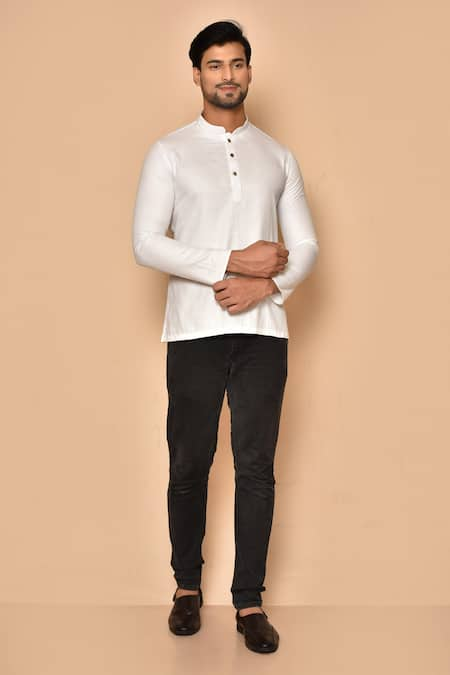 Aryavir Malhotra White Cotton Button Placket Straight Short Kurta 