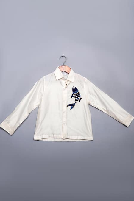 Little Brats White Kota Doria Embroidery Placement Fish Pattern Shirt 