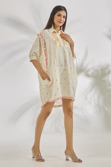 Gopi Vaid Ivory Organic Cotton Embroidery Thread Collared Mehr Sequin Dress 