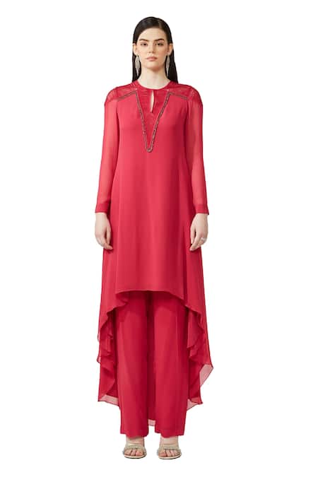 Rohit Gandhi + Rahul Khanna Pink Silk, Georgette Embroidery Yoke Embellished Asymmetric Kurta And Pant Set