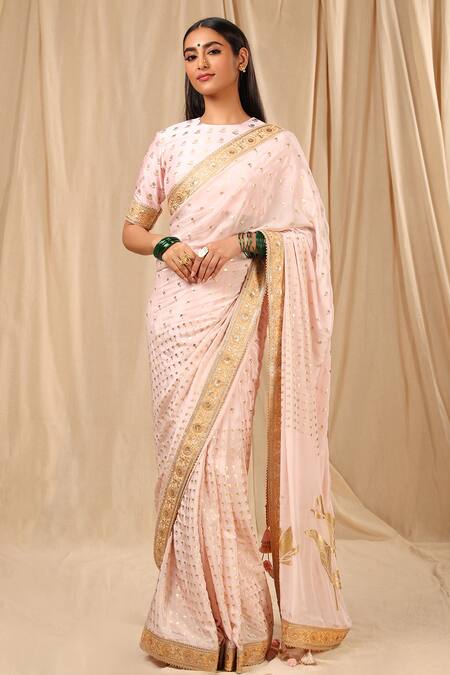 Buy Masaba Pink Viscose Crepe Printed Wallflower Motifs Wine Garden Saree at Aza Fashions Buy_Masaba_Pink Viscose Crepe Printed Wallflower Motifs Wine Garden Saree_at_Aza_Fashions