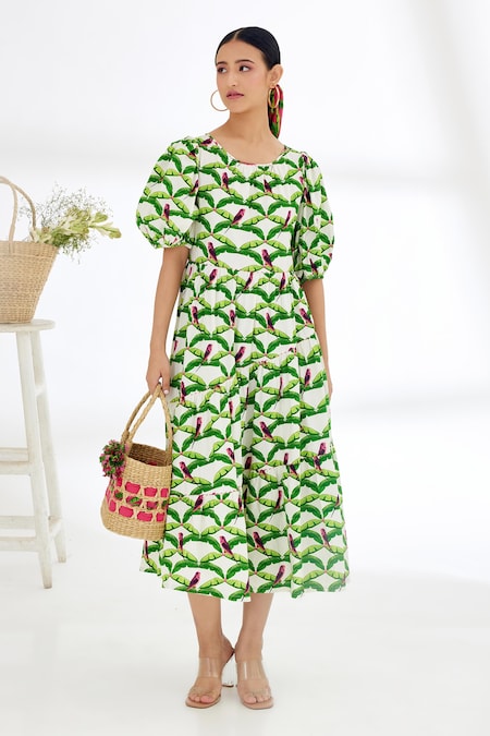 Nikasha Off White Cotton Poplin Painted Print And Stitched Parakeet Tiered Dress