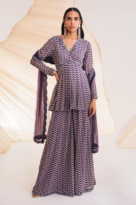 Divya Aggarwal Purple Georgette, Organza Crystals V-neck Meadow Swirl Print Kurta Sharara Set 