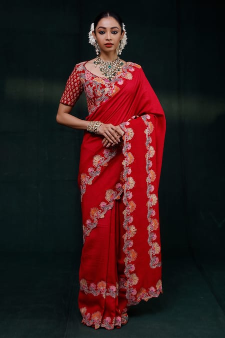 Rishi and Soujit Linear Floral Embroidered Saree With Blouse 