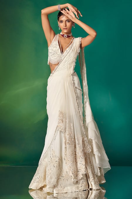 Stotram Ivory Embroidery Sequins Plunge V Floral Pre-draped Saree With Blouse